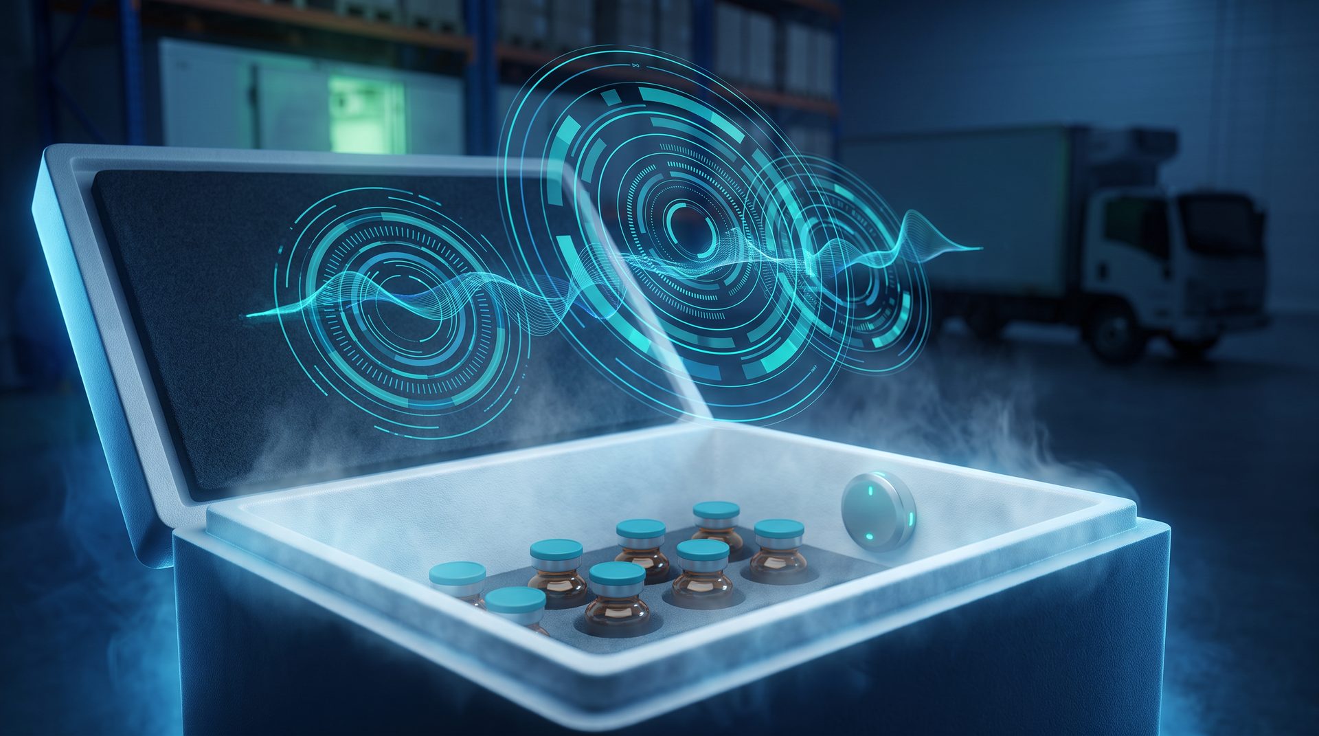 Contêiner térmico qualificado com vials e sensor de monitoramento de temperatura e umidade